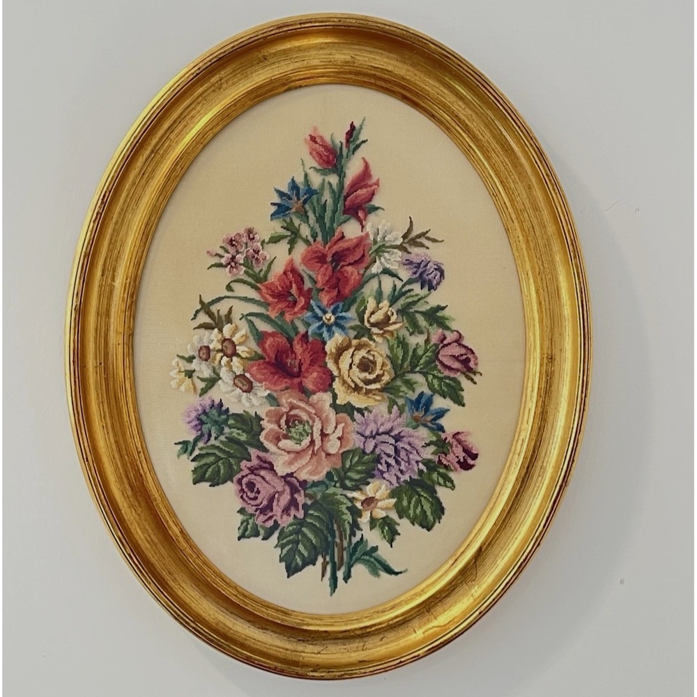 Vintage Floral Needlepoint Flower Wall Art Gold Tone Oval Frame Cottage Core 19"